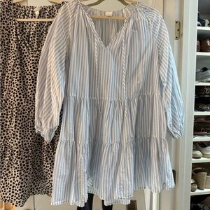 Zara Blue and White Striped Long Sleeve Dress